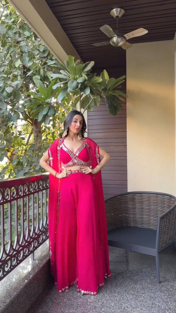 Designer Georgette 3-Piece Set with Mirror Work Shrug & Circular Plazzo | Elegant Ethnic Fusion Wear YNF