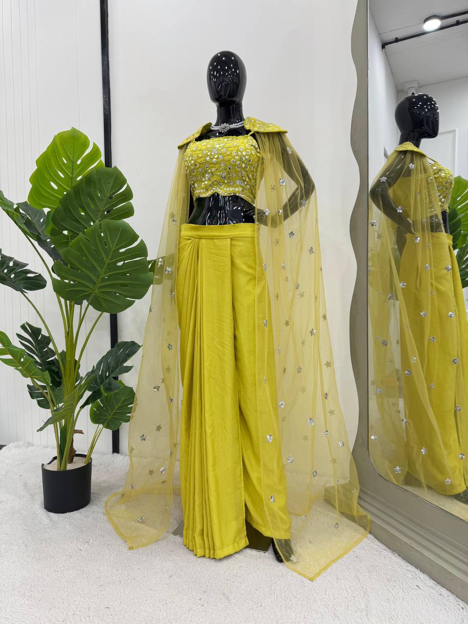 Chinon Silk Choli with Dhoti & Butterfly Net Shrug ā Thread & 9mm Sequin Work YNF