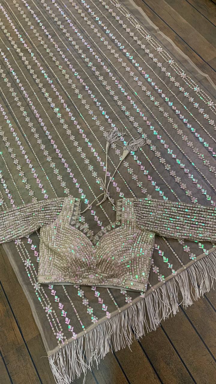 Designer Net Saree with Milky Rainbow Sequin & Thread Work, Satin Inner & Jhalar Border YNF