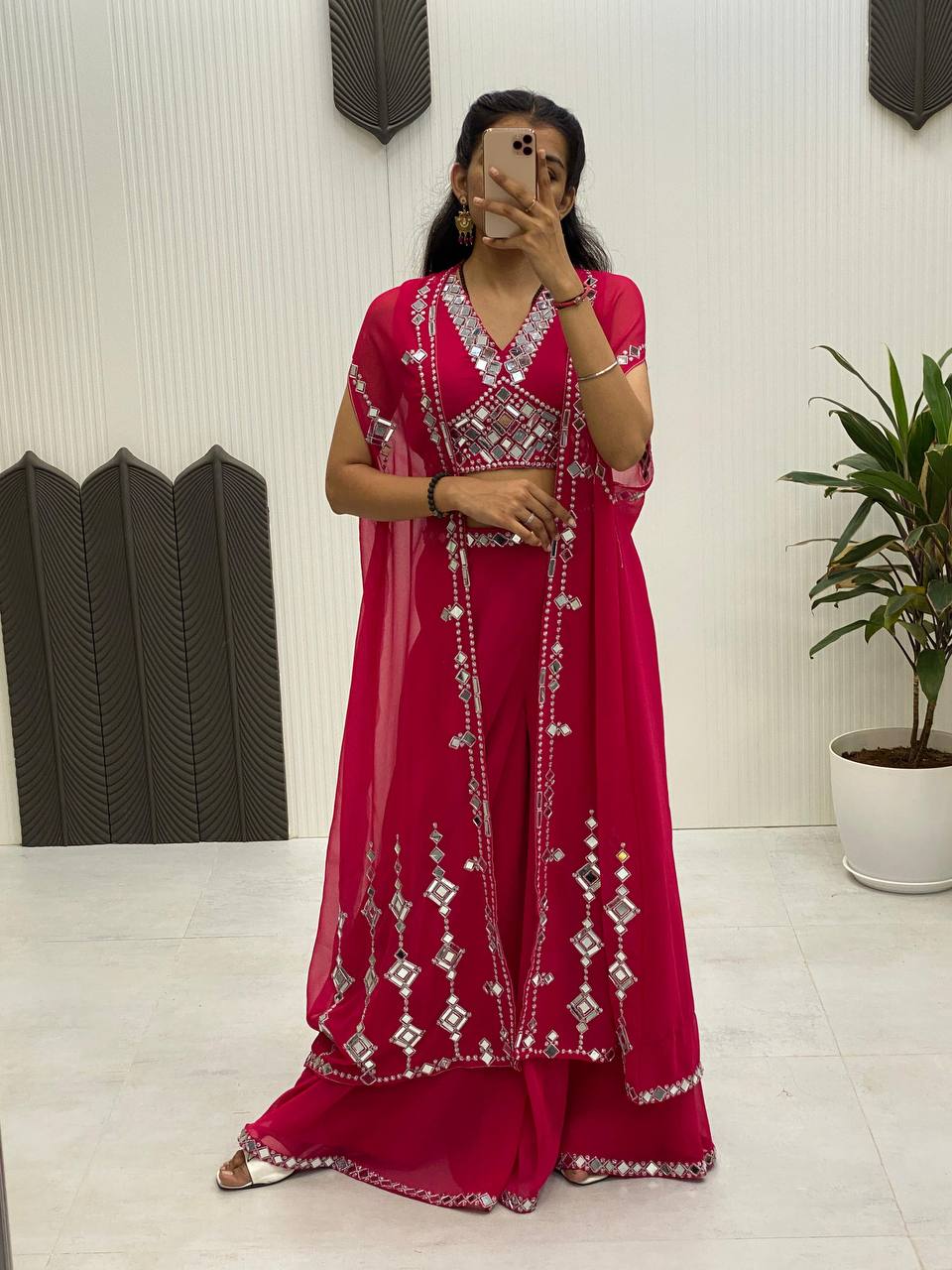 Designer Georgette 3-Piece Set with Mirror Work Shrug & Circular Plazzo | Elegant Ethnic Fusion Wear YNF