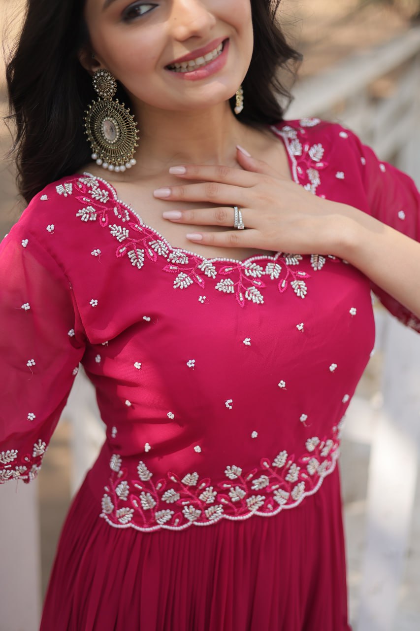 12-Meter Flair Faux Blooming Gown with Beads Embroidery β Round Neck | Sizes M to XXL YNF