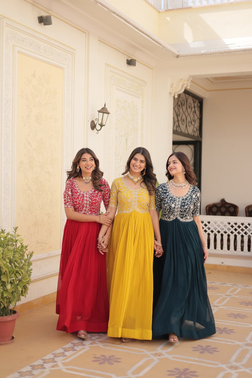 Embroidered Faux Blooming Gown – Zari & Sequin Work | Round Neck | Sizes M to XXL YNF