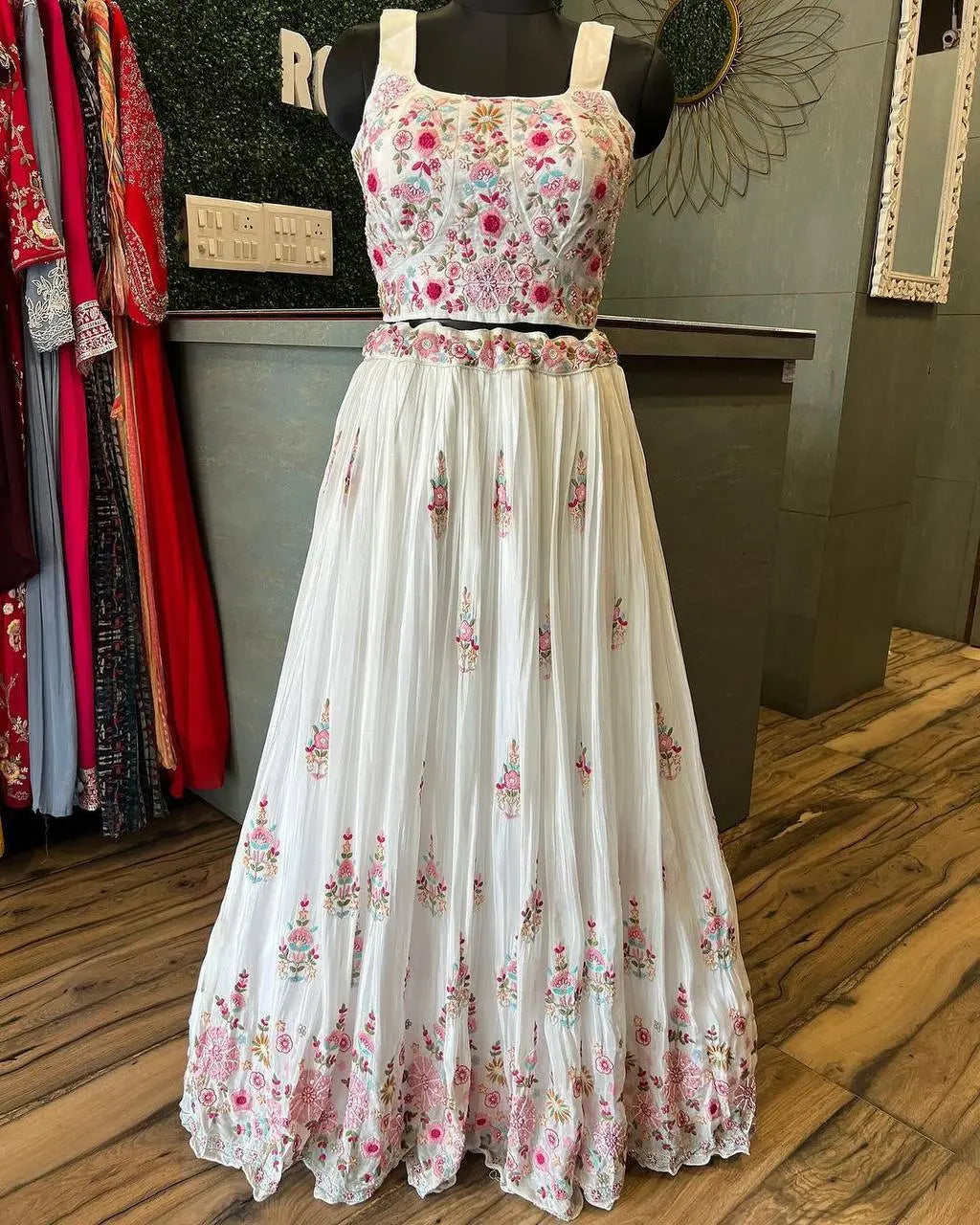 Elegant Chinon Embroidered Blazer Lehenga Set with Tube Choli and Organza Dupatta | Full Stitched YNF