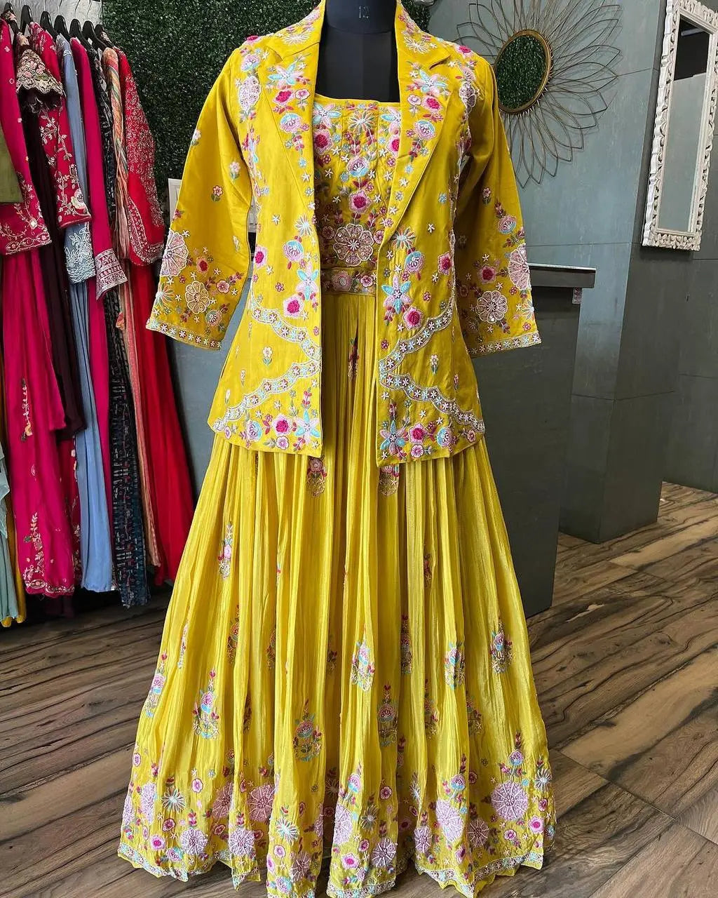 Elegant Chinon Embroidered Blazer Lehenga Set with Tube Choli and Organza Dupatta | Full Stitched YNF
