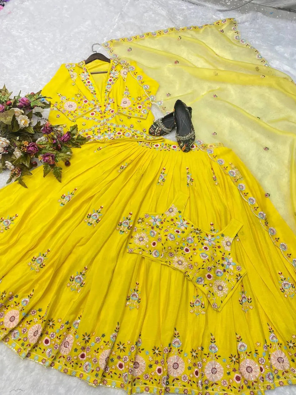 Elegant Chinon Embroidered Blazer Lehenga Set with Tube Choli and Organza Dupatta | Full Stitched YNF