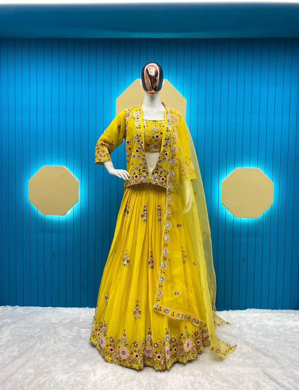 Elegant Chinon Embroidered Blazer Lehenga Set with Tube Choli and Organza Dupatta | Full Stitched YNF