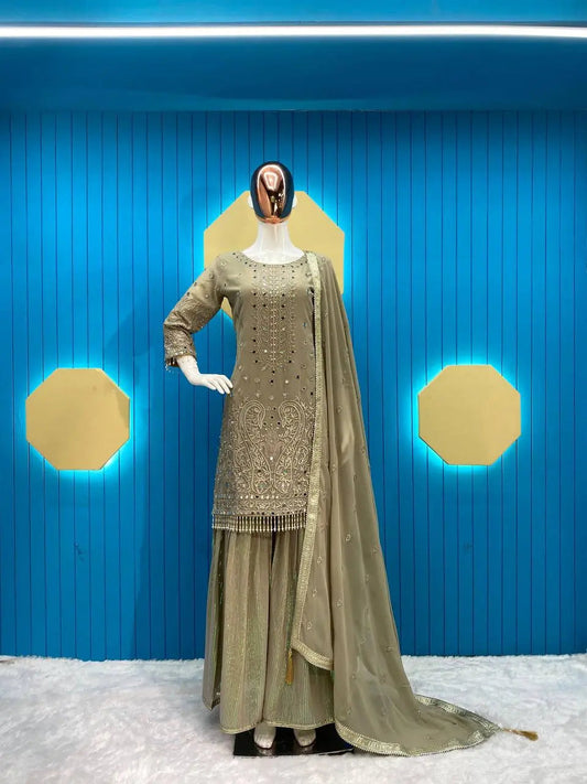 Elegant Georgette Suit Set with Sequins Embroidery, Gharara & Dupatta | Real Mirror Work YNF