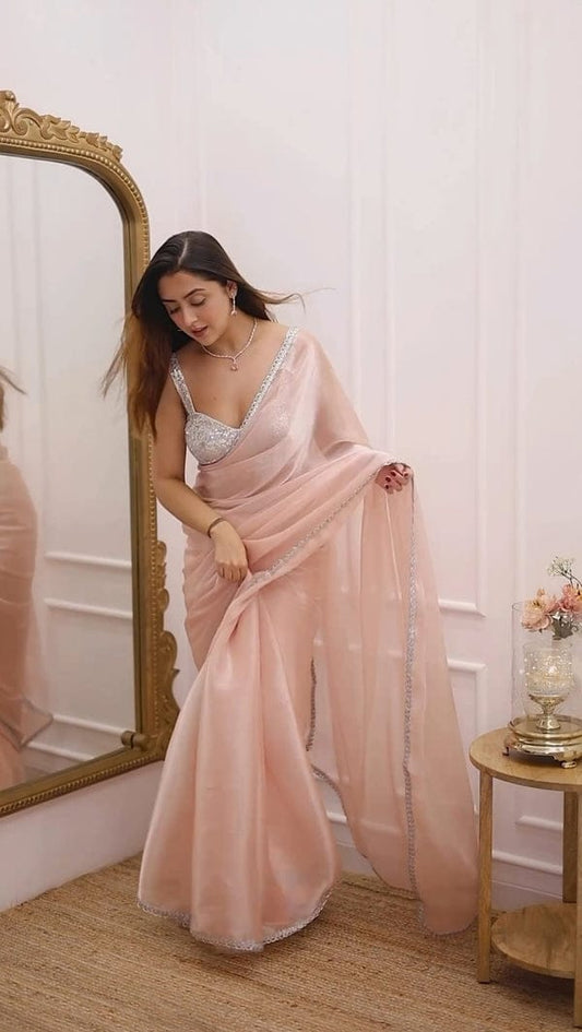 Traditional Jimmy Choo Fabric Saree with Fancy Silver Lace & Sequin Work Satin Blouse YNF