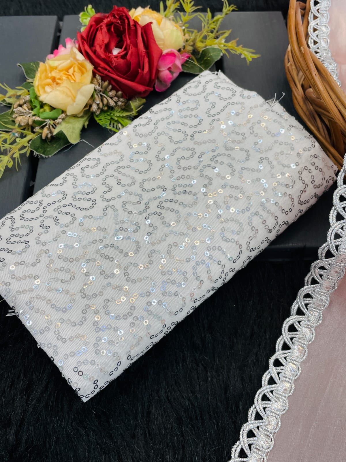 Traditional Jimmy Choo Fabric Saree with Fancy Silver Lace & Sequin Work Satin Blouse YNF