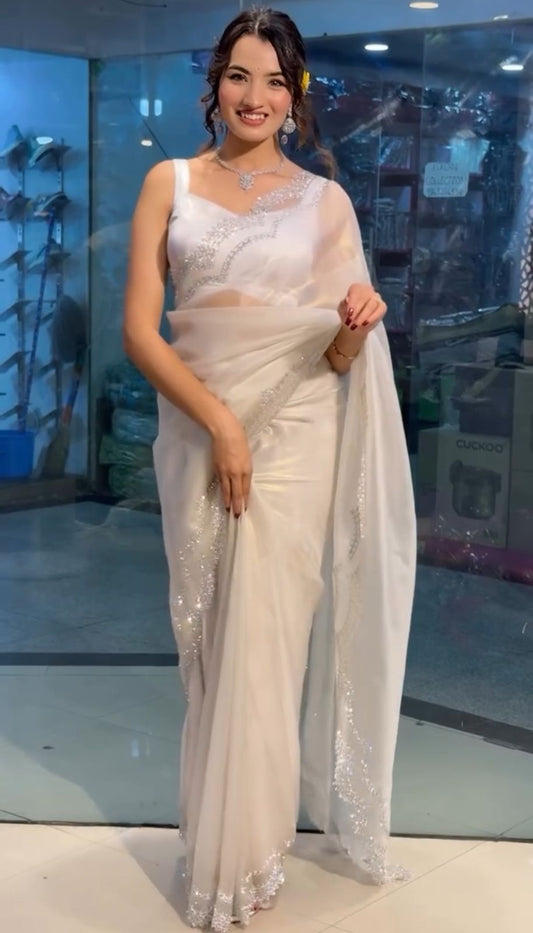 Rich Tissue Twill Net Saree with Diamond Cut Work & Rich Diamond Work Blouse YNF