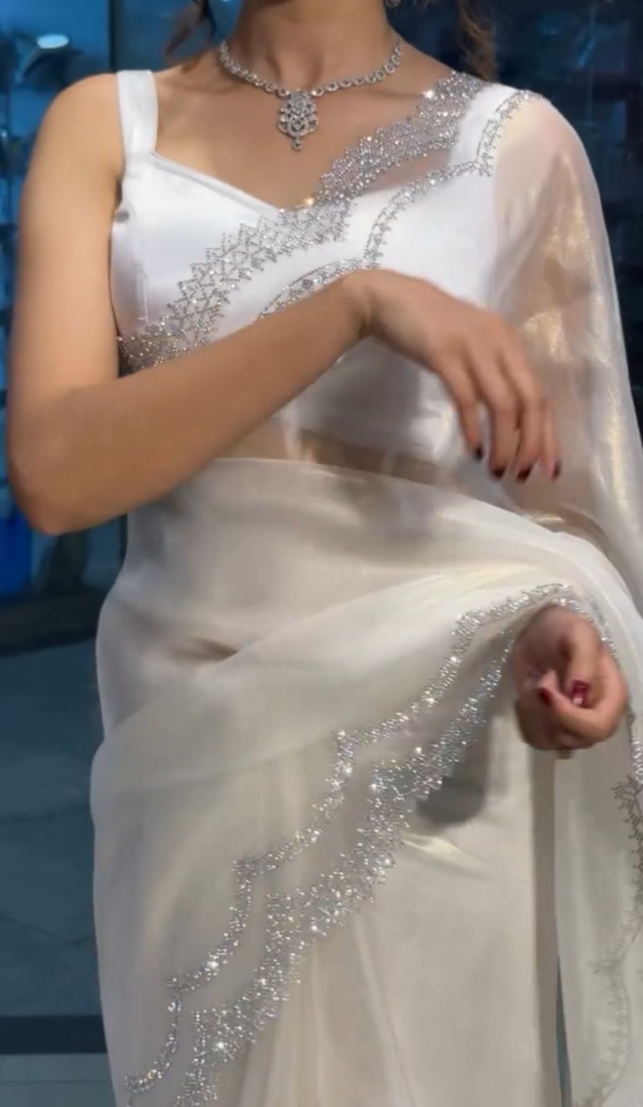 Rich Tissue Twill Net Saree with Diamond Cut Work & Rich Diamond Work Blouse YNF