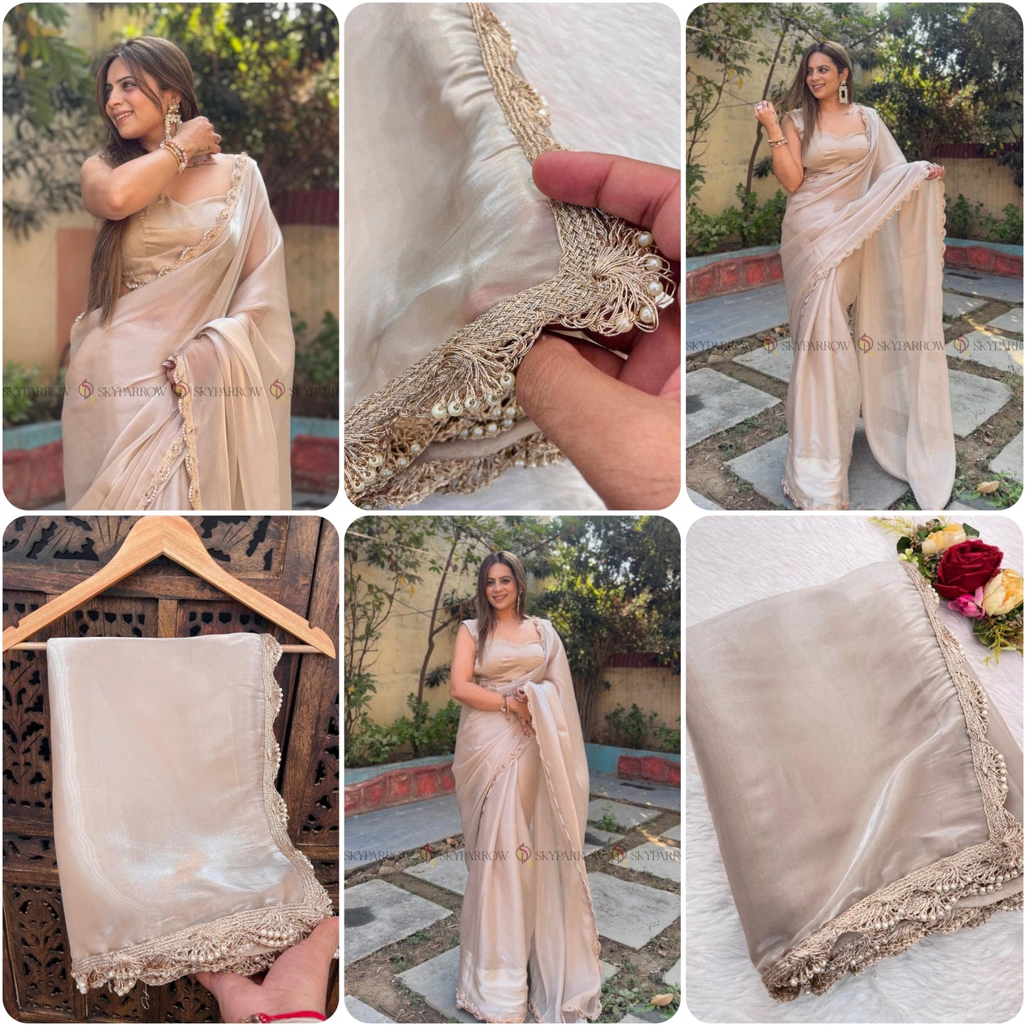 Jimichu Fabric Saree with Pearl Dori & Golden Lace Border – Elegant Tissue Drape with Running Blouse YNF