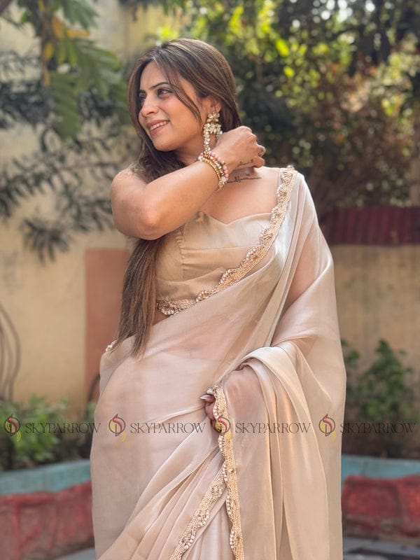 Jimichu Fabric Saree with Pearl Dori & Golden Lace Border – Elegant Tissue Drape with Running Blouse YNF