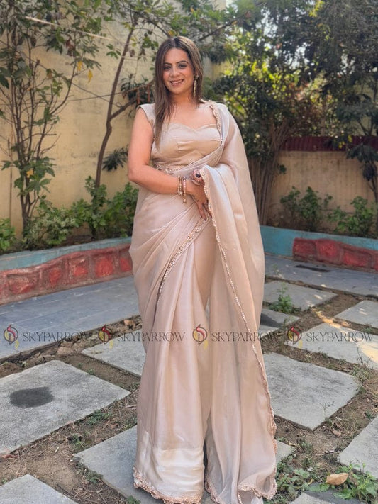 Jimichu Fabric Saree with Pearl Dori & Golden Lace Border – Elegant Tissue Drape with Running Blouse YNF