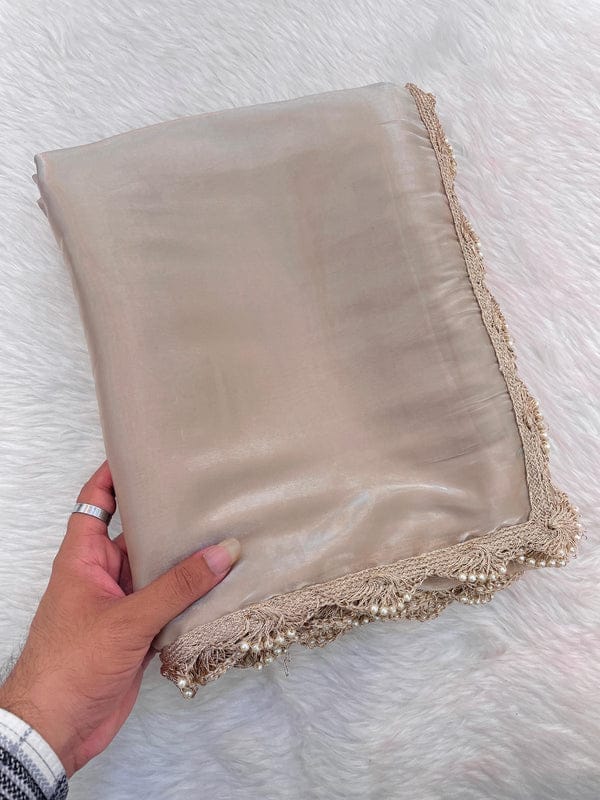 Jimichu Fabric Saree with Pearl Dori & Golden Lace Border – Elegant Tissue Drape with Running Blouse YNF