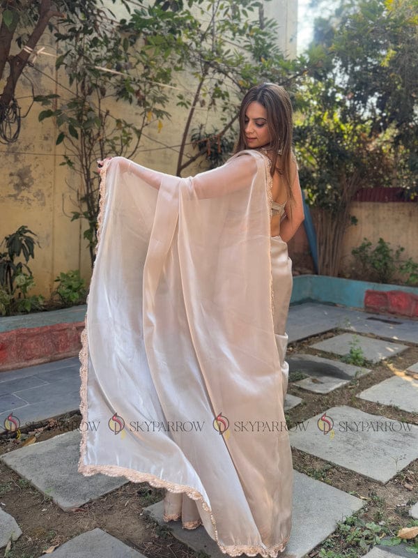 Jimichu Fabric Saree with Pearl Dori & Golden Lace Border – Elegant Tissue Drape with Running Blouse YNF
