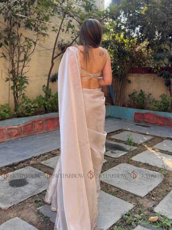Jimichu Fabric Saree with Pearl Dori & Golden Lace Border – Elegant Tissue Drape with Running Blouse YNF