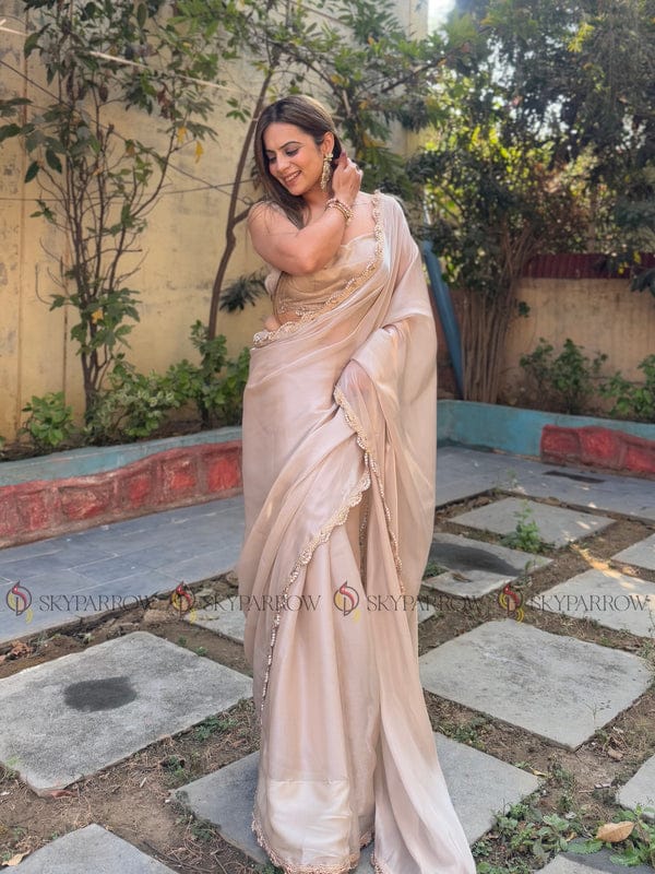 Jimichu Fabric Saree with Pearl Dori & Golden Lace Border – Elegant Tissue Drape with Running Blouse YNF
