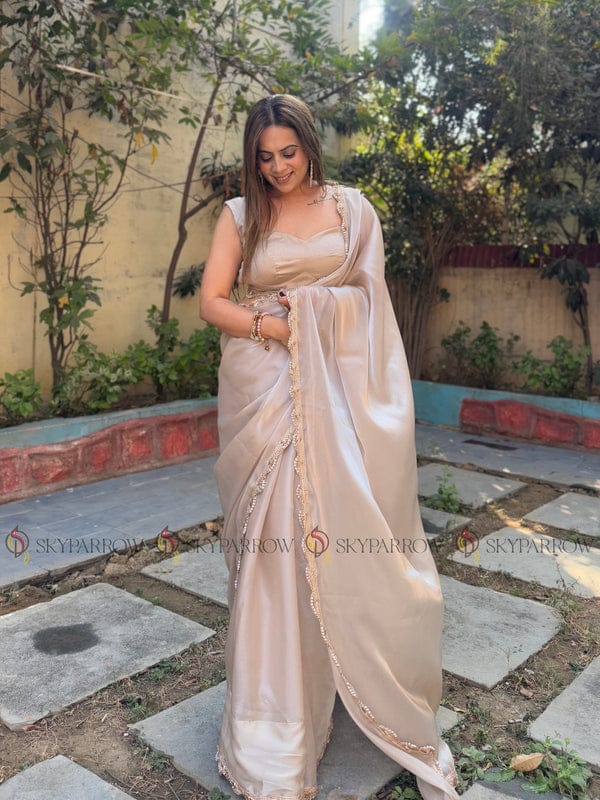 Jimichu Fabric Saree with Pearl Dori & Golden Lace Border – Elegant Tissue Drape with Running Blouse YNF