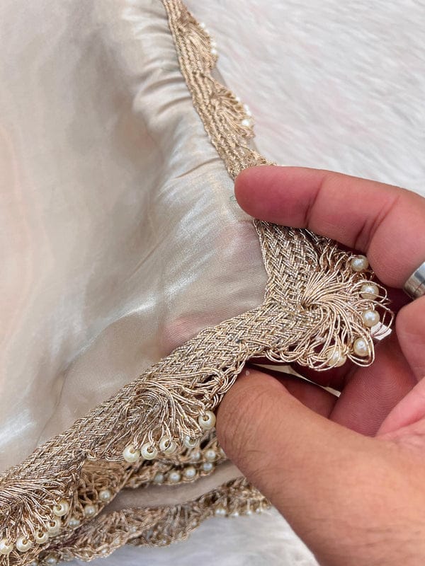 Jimichu Fabric Saree with Pearl Dori & Golden Lace Border – Elegant Tissue Drape with Running Blouse YNF