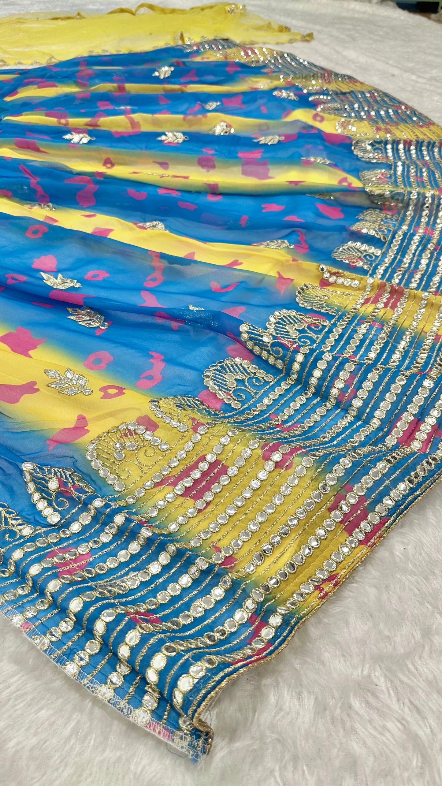 Designer Digital Print Georgette Lehenga with Mirror & Zari Work + Tapeta Silk Blouse + Net Dupatta YNF