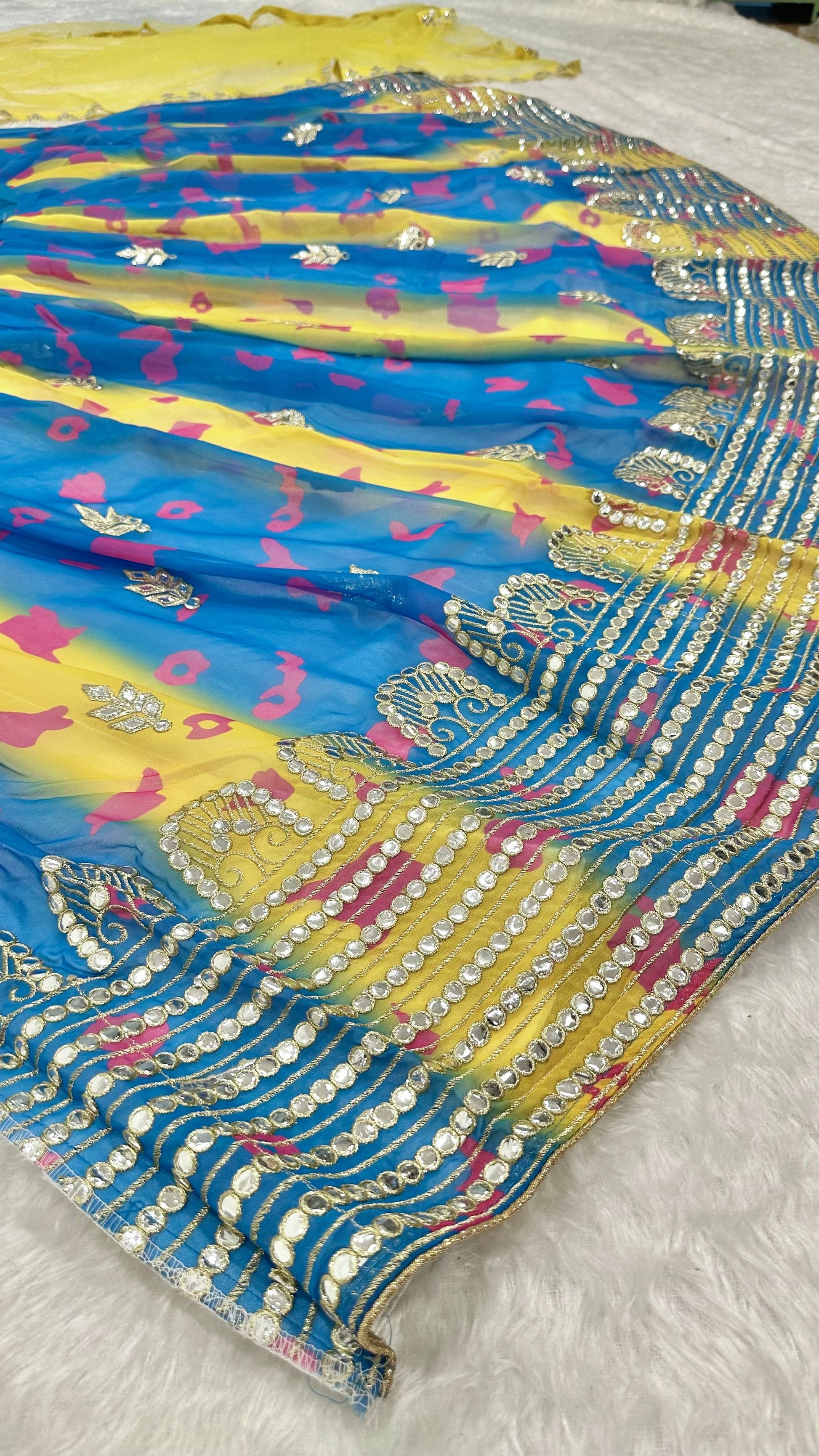 Designer Digital Print Georgette Lehenga with Mirror & Zari Work + Tapeta Silk Blouse + Net Dupatta YNF
