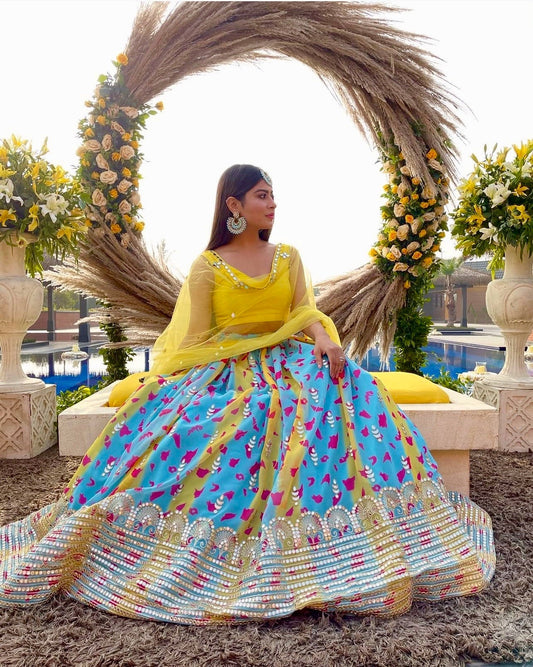 Designer Digital Print Georgette Lehenga with Mirror & Zari Work + Tapeta Silk Blouse + Net Dupatta YNF