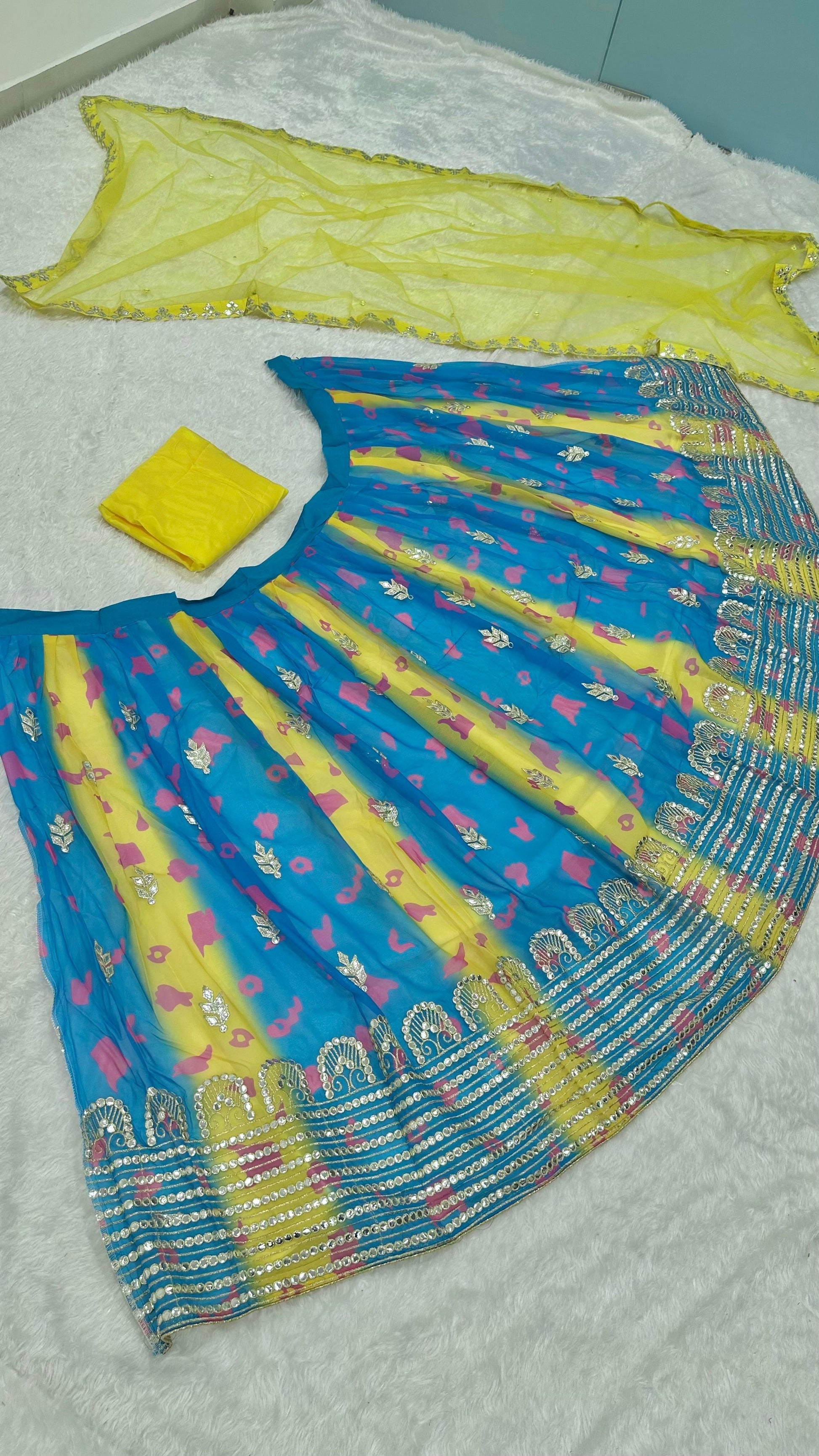Designer Digital Print Georgette Lehenga with Mirror & Zari Work + Tapeta Silk Blouse + Net Dupatta YNF