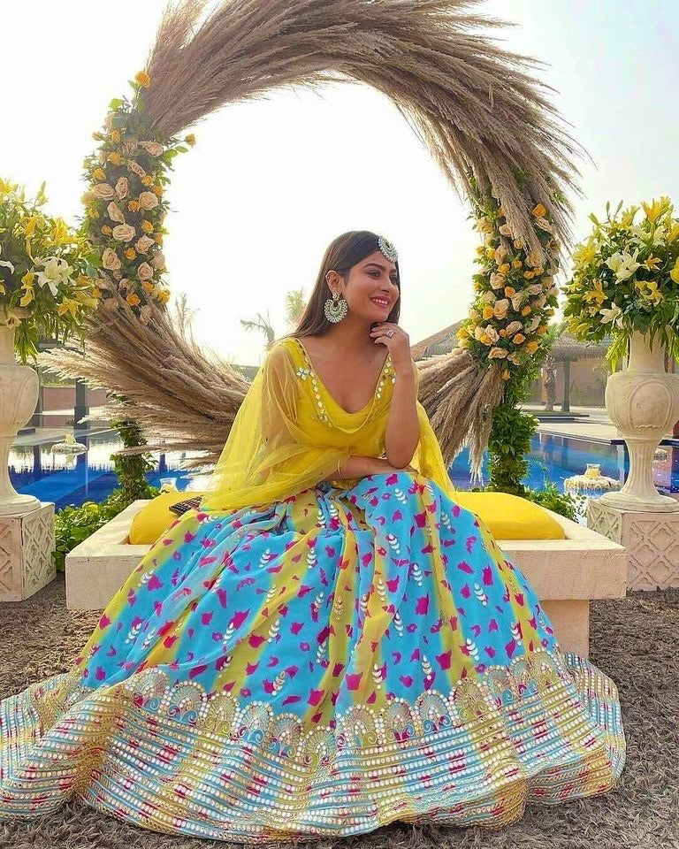 Designer Digital Print Georgette Lehenga with Mirror & Zari Work + Tapeta Silk Blouse + Net Dupatta YNF
