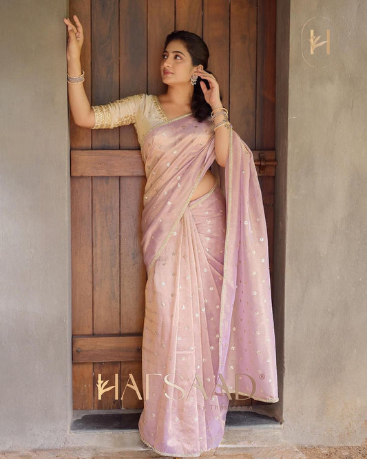 Designer Gold Flame Saree with Sequin Embroidery & Stitched Silk Blouse YNF