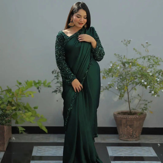Top Trending Festive Ready-to-Wear Satin Silk Saree with Heavy Sequins Lace Border | Stitched Velvet Blouse YNF
