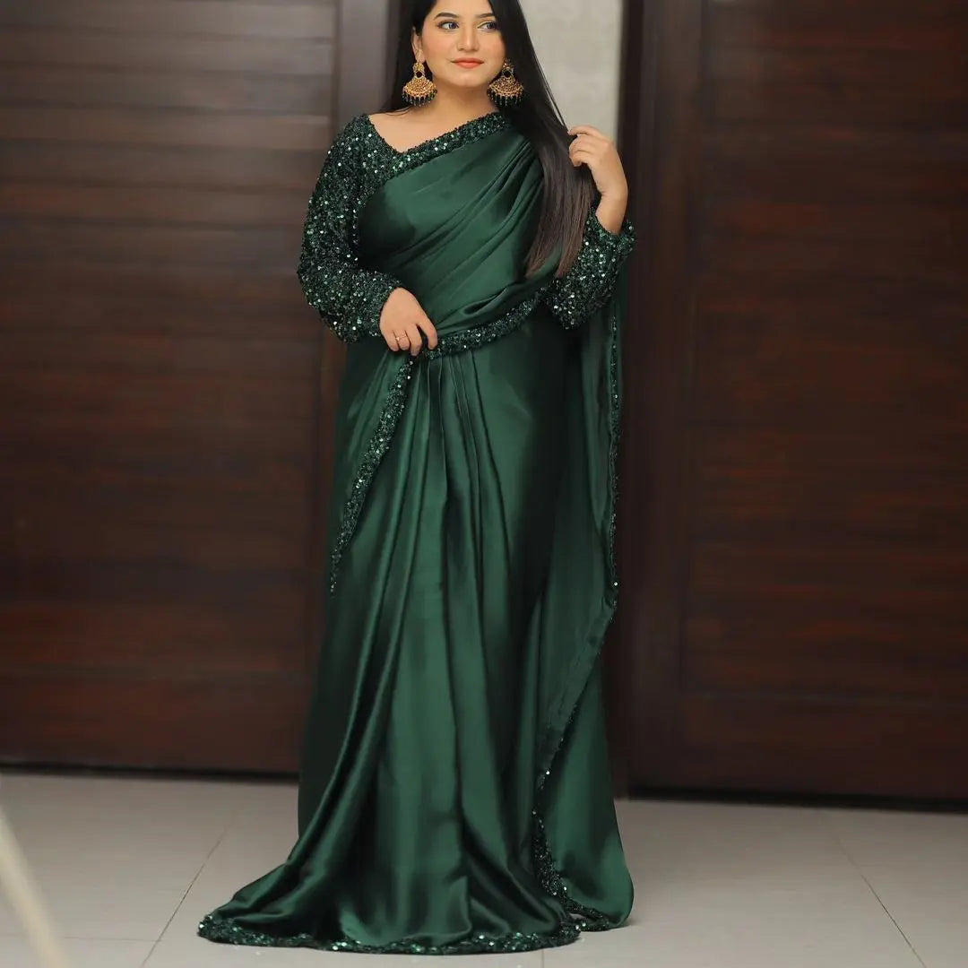 Top Trending Festive Ready-to-Wear Satin Silk Saree with Heavy Sequins Lace Border | Stitched Velvet Blouse YNF