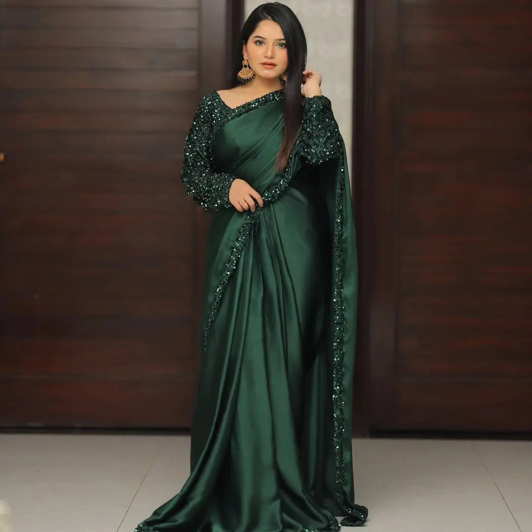 Top Trending Festive Ready-to-Wear Satin Silk Saree with Heavy Sequins Lace Border | Stitched Velvet Blouse YNF