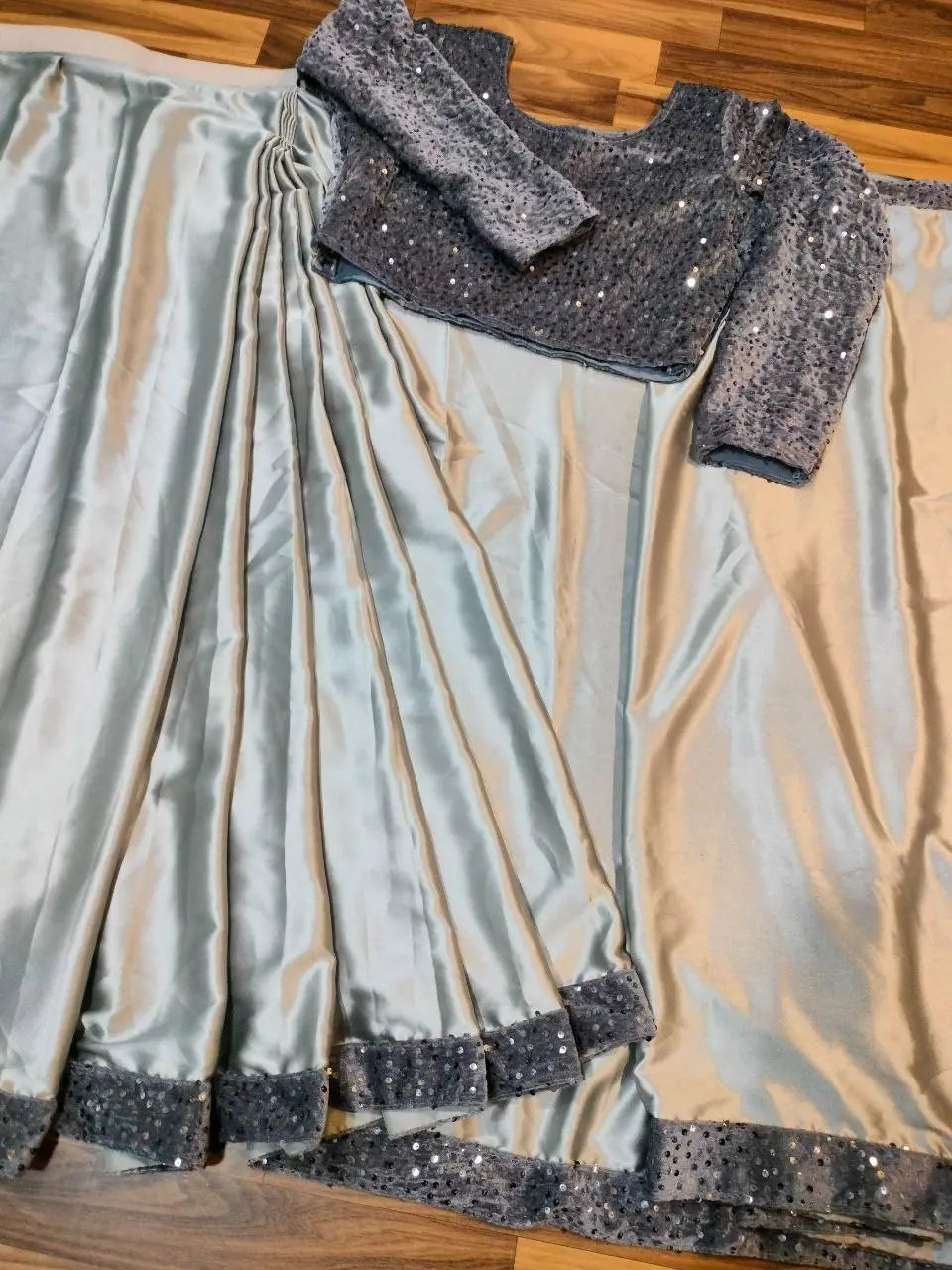 Top Trending Festive Ready-to-Wear Satin Silk Saree with Heavy Sequins Lace Border | Stitched Velvet Blouse YNF