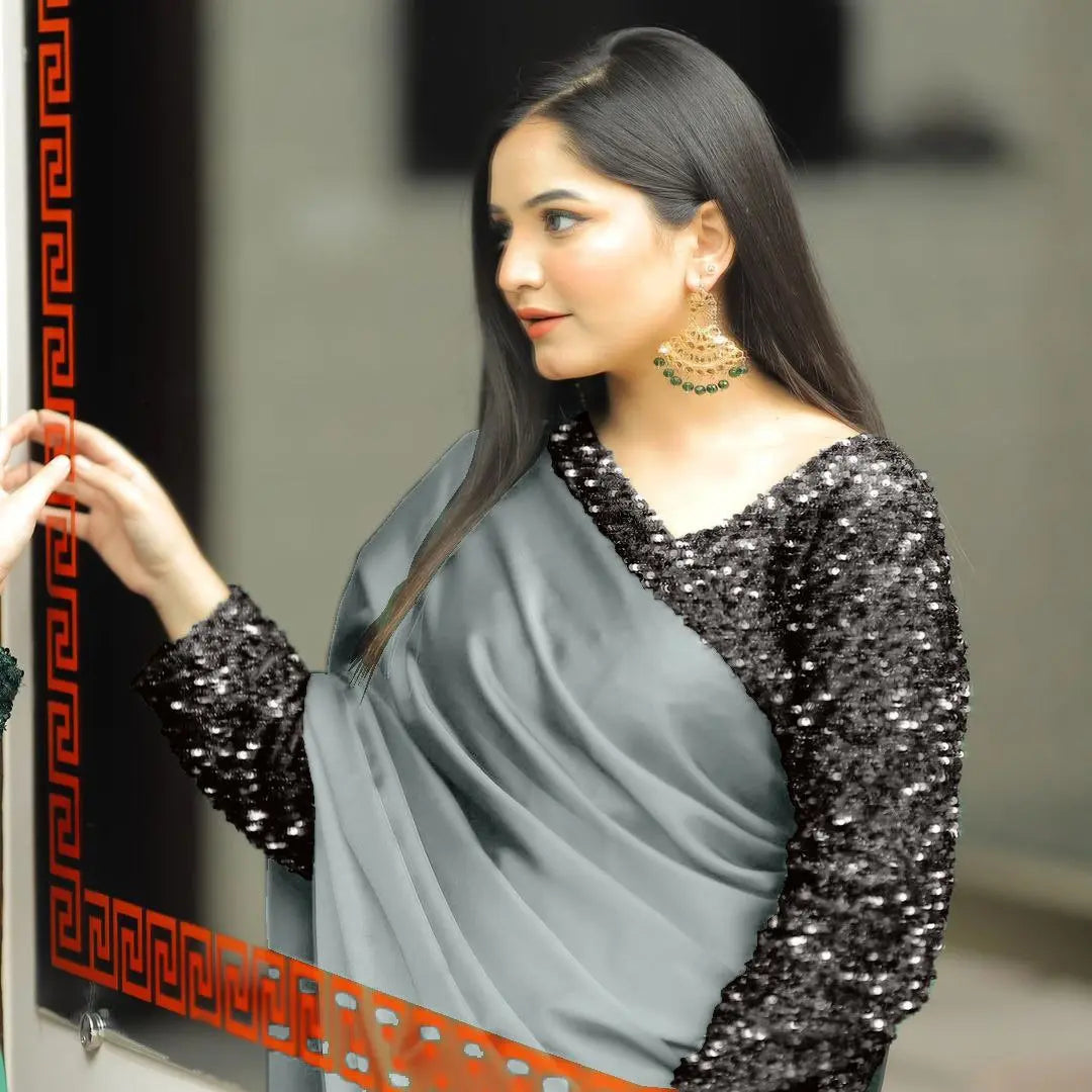 Top Trending Festive Ready-to-Wear Satin Silk Saree with Heavy Sequins Lace Border | Stitched Velvet Blouse YNF