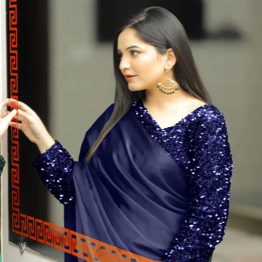 Top Trending Festive Ready-to-Wear Satin Silk Saree with Heavy Sequins Lace Border | Stitched Velvet Blouse YNF
