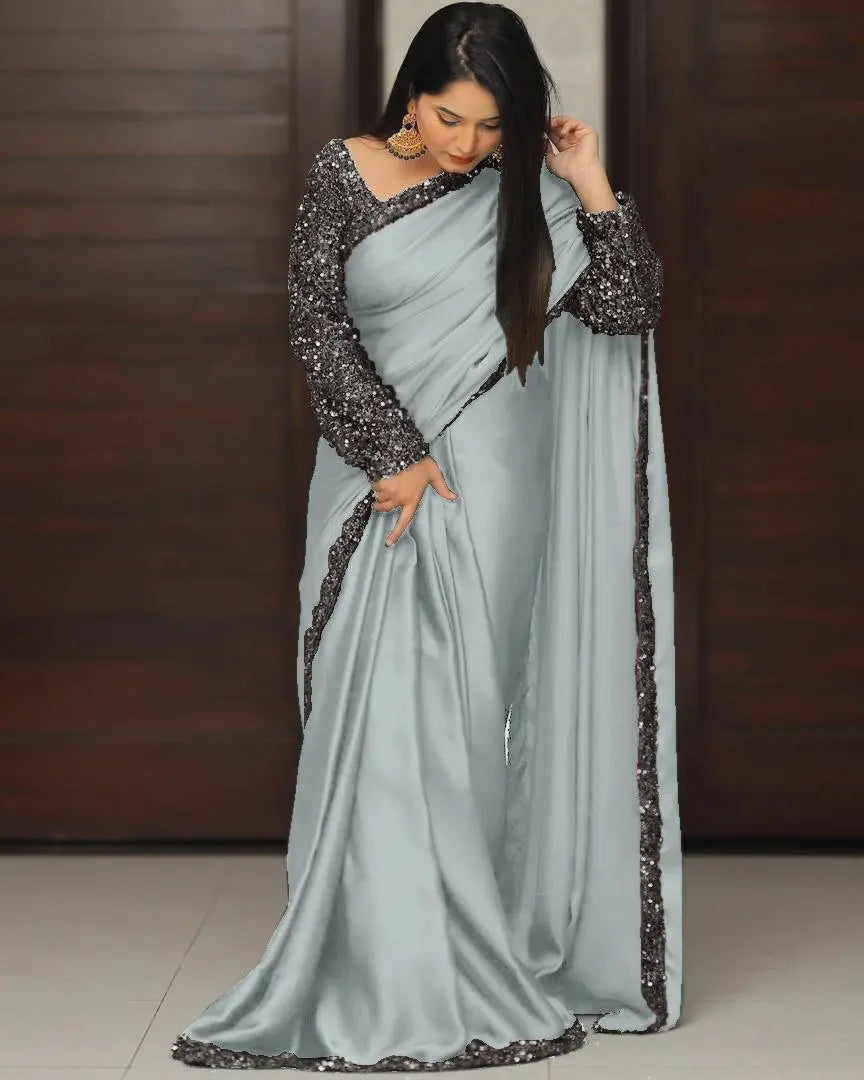Top Trending Festive Ready-to-Wear Satin Silk Saree with Heavy Sequins Lace Border | Stitched Velvet Blouse YNF