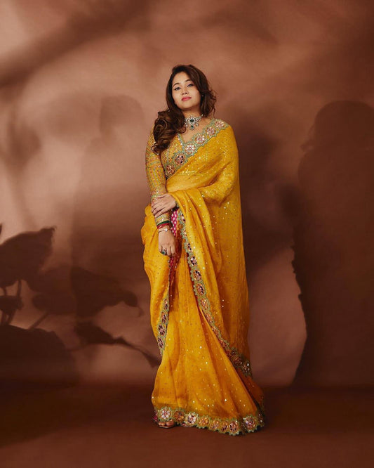 Designer Georgette Saree with Real Mirror & Sequin Embroidery – Stitched Blouse Included YNF