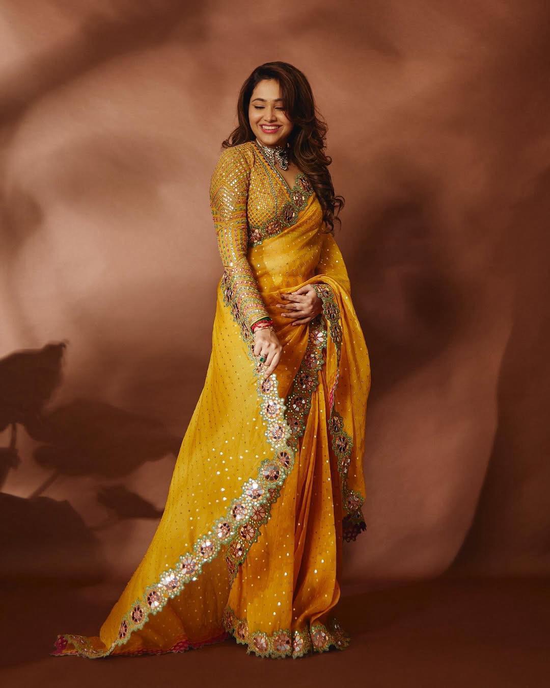 Designer Georgette Saree with Real Mirror & Sequin Embroidery – Stitched Blouse Included YNF