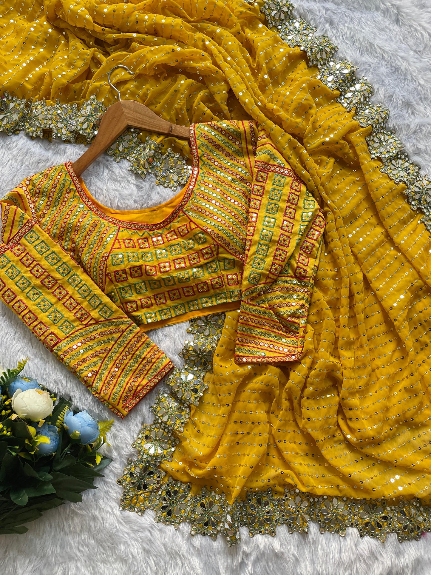 Designer Georgette Saree with Real Mirror & Sequin Embroidery – Stitched Blouse Included YNF