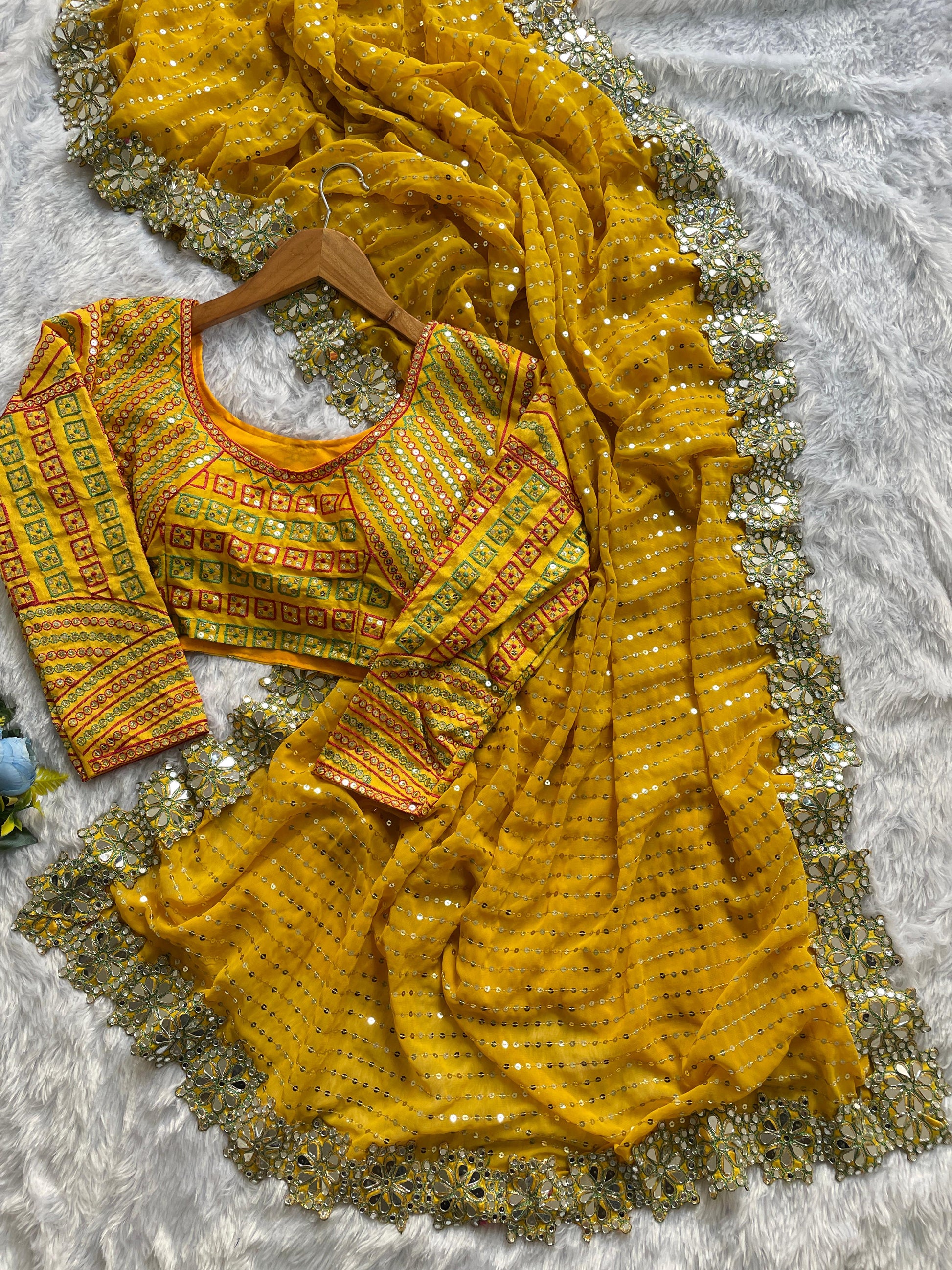 Designer Georgette Saree with Real Mirror & Sequin Embroidery – Stitched Blouse Included YNF