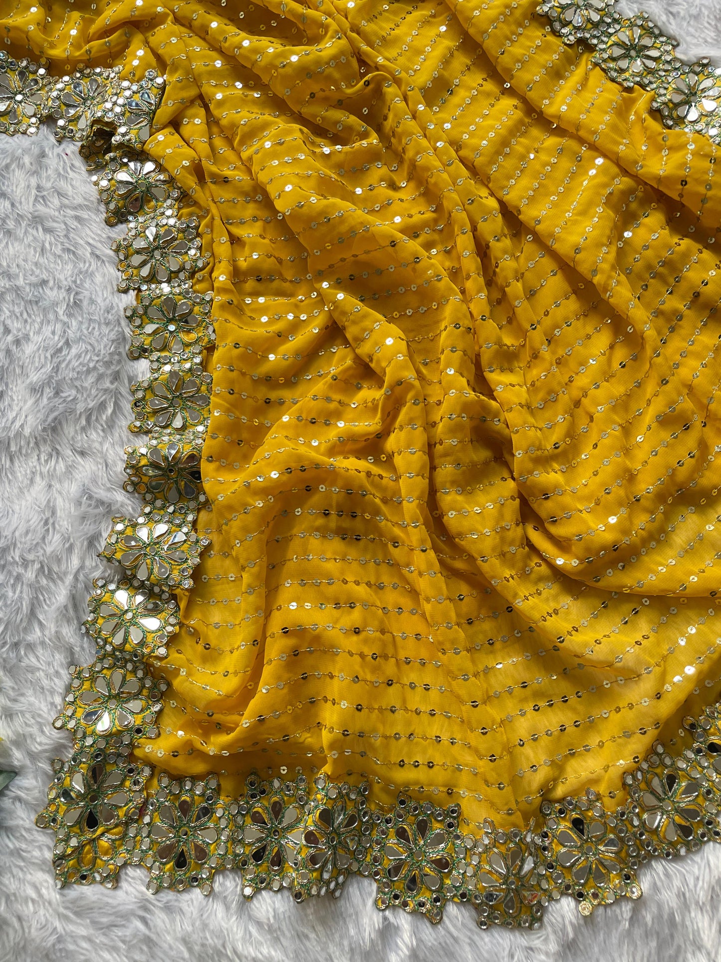 Designer Georgette Saree with Real Mirror & Sequin Embroidery – Stitched Blouse Included YNF