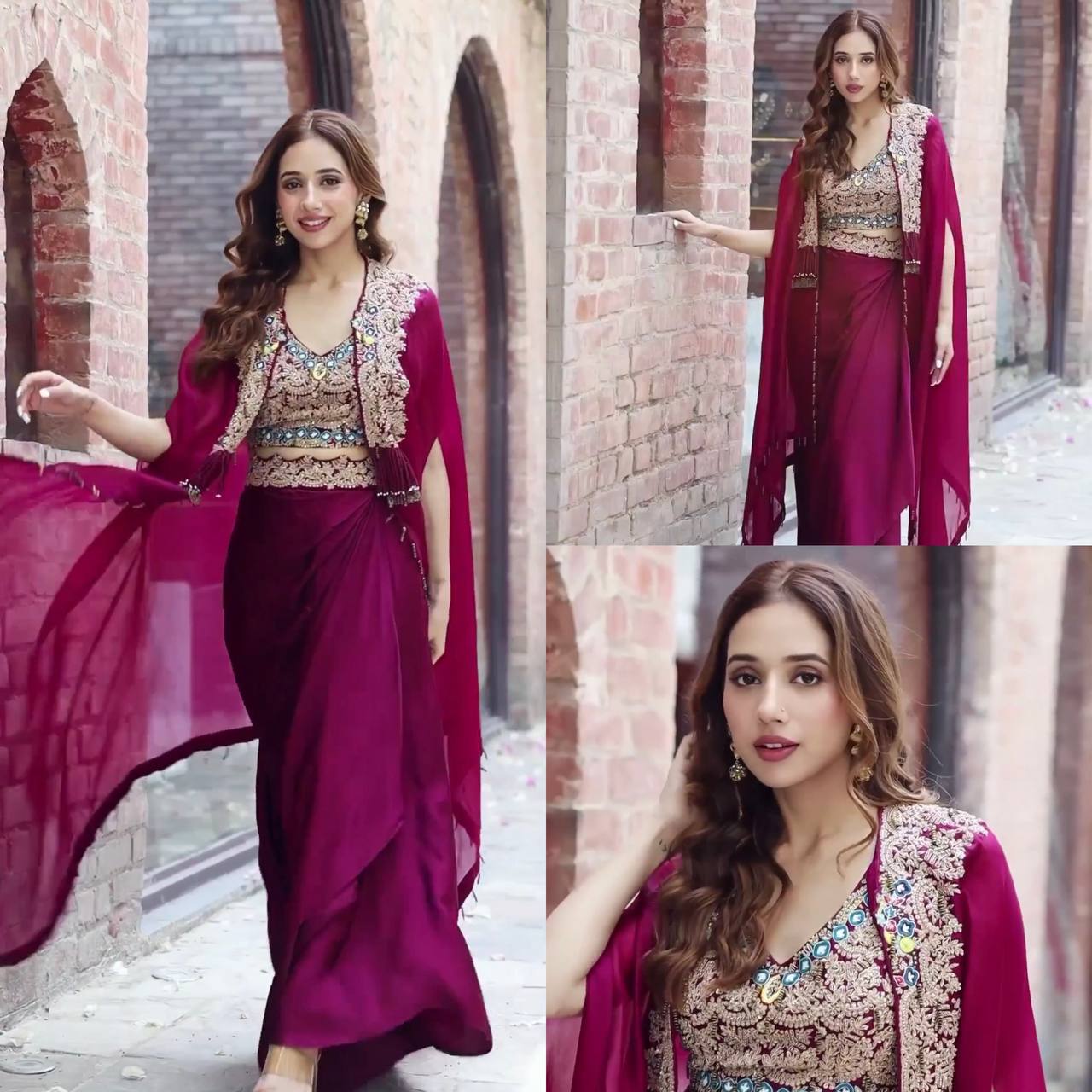 Designer Embroidered Georgette Sharara Set with Banglory Blouse & Shrug – Fully Stitched YNF