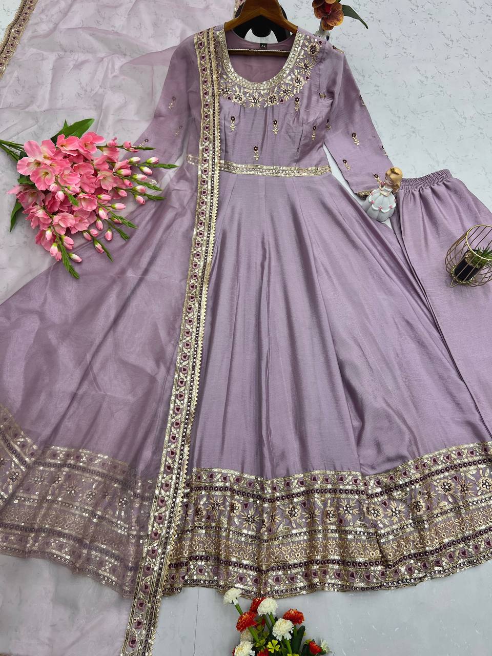 Embroidered Heavy Chinon Silk Gown Set with Organza Dupatta – M to XXL YNF