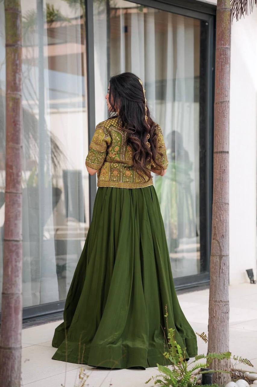 Embroidered Mono Silk Koti with Faux Georgette Lehenga & Choli – M to XXL YNF