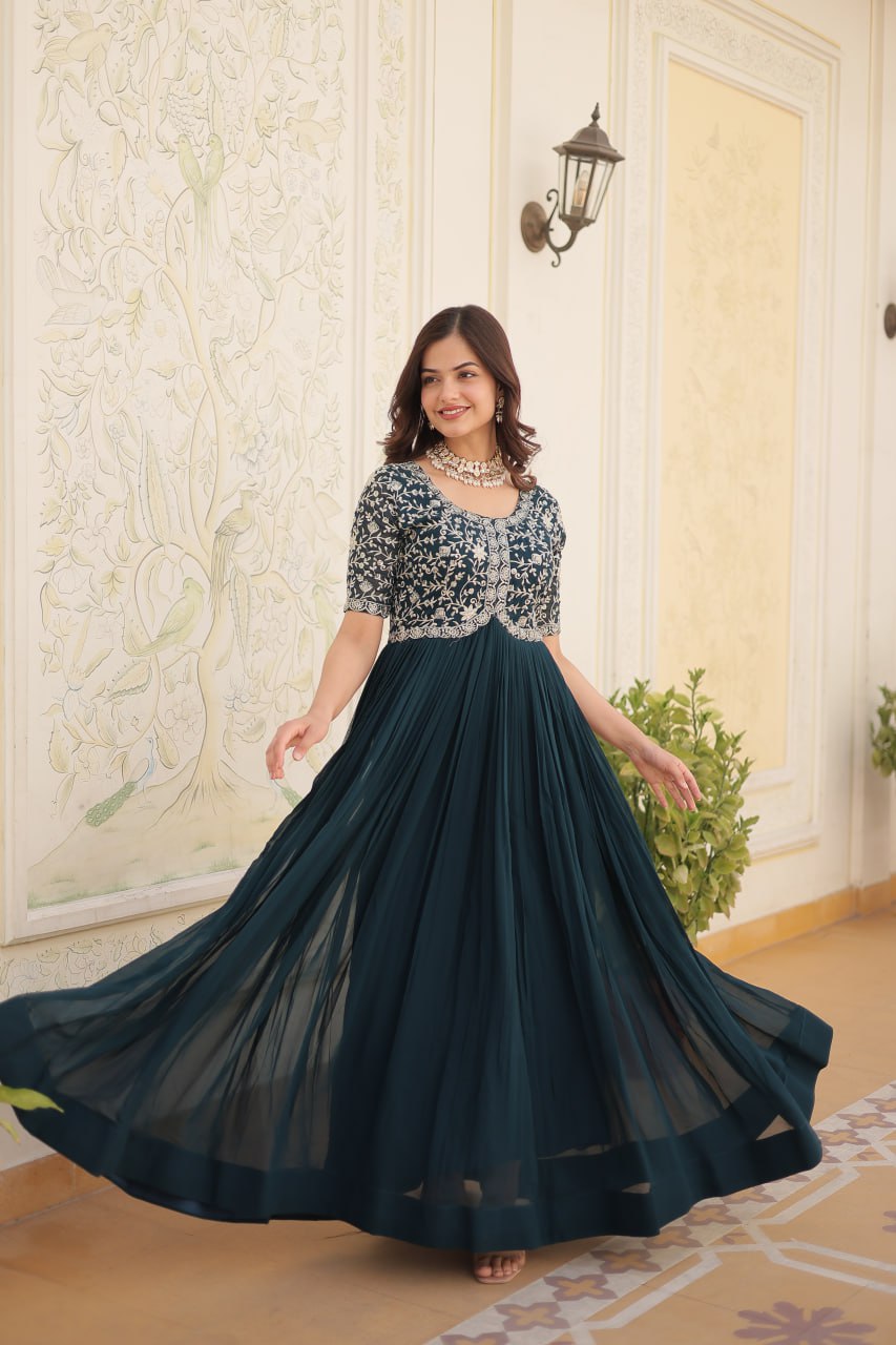 Embroidered Faux Blooming Gown – Zari & Sequin Work | Round Neck | Sizes M to XXL YNF