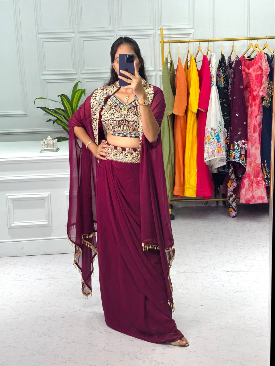 Designer Embroidered Georgette Sharara Set with Banglory Blouse & Shrug – Fully Stitched YNF