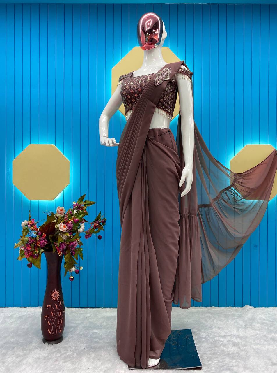 🌟Ready-to-Wear Faux Georgette Saree with Sequin Embroidery & Full-Stitched Blouse YNF