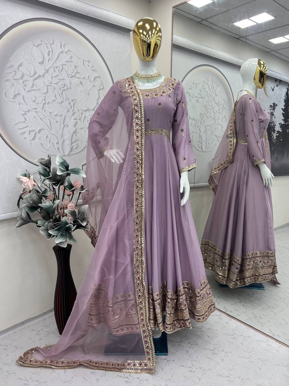 Embroidered Heavy Chinon Silk Gown Set with Organza Dupatta – M to XXL YNF