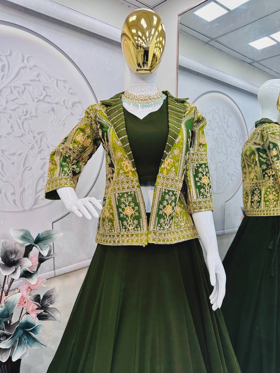 Embroidered Mono Silk Koti with Faux Georgette Lehenga & Choli – M to XXL YNF